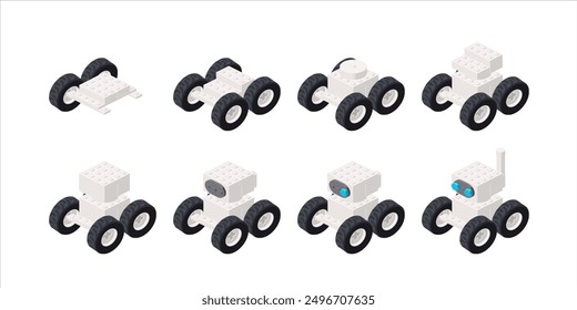 Step-by-step assembly of a white robot in isometry. Vector