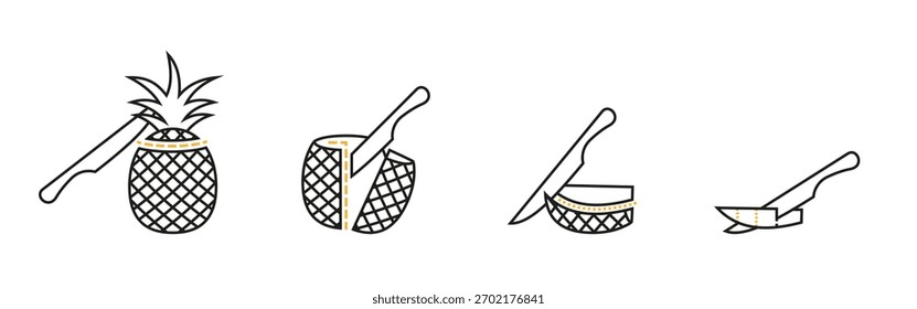 Schritt-für-Schritt-Schwarz-Weiß-Illustration, die zeigt, wie man eine Ananas schneidet, ideal für kulinarische Führer, Rezepte oder Lehrmaterialien.
