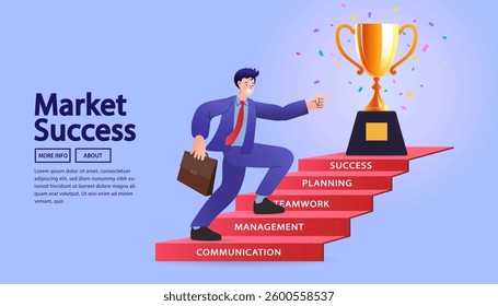 Step-by-step business planning leading to success. A businessman climbs a bar chart labeled Vision, Goal, Strategy, Action, and Success, reaching a golden trophy. Perfect for leadership, achievement.