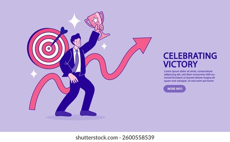 Step-by-step business planning leading to success. A businessman climbs a bar chart labeled Vision, Goal, Strategy, Action, and Success, reaching a golden trophy. Perfect for leadership, achievement.