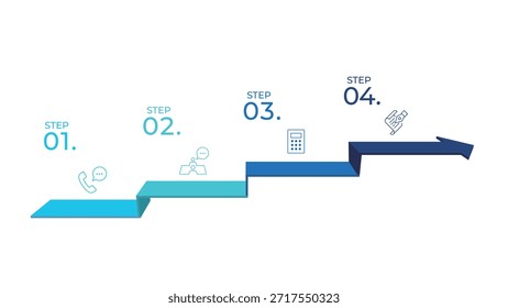 Infográfico passo a passo de processos de negócios com seta para cima e ícones