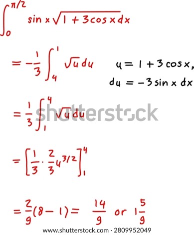 Step-by-step calculus solution showing definite integral evaluation using substitution, trigonometric functions, and algebraic simplification on white.