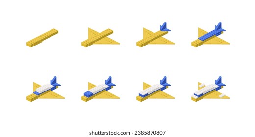 Step-by-step construction of an airplane from plastic blocks. Vector