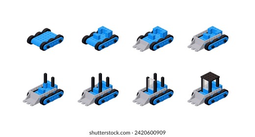 Step-by-step construction of a blue mini excavator from plastic blocks in isometry. Vector