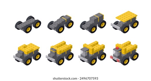 Step-by-step construction of a dump truck in isometry. Vector