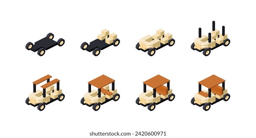 Construcción paso a paso de un carrito de golf de bloques de plástico en la isometría. Vector