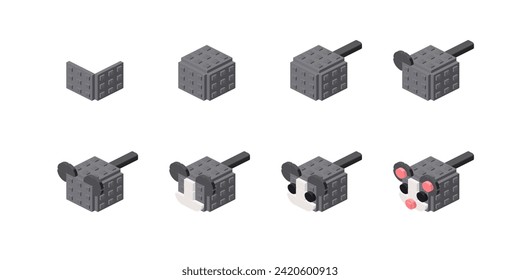 Step-by-step construction of a gray mouse from plastic blocks in isometry. Vector