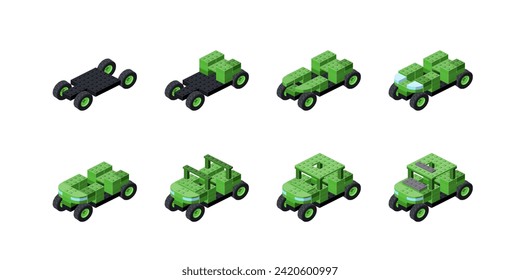 Step-by-step construction of a military SUV from plastic blocks in isometry. Vector