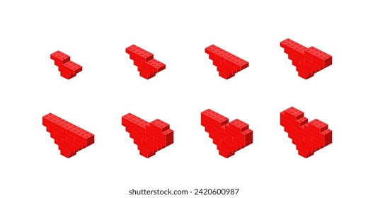 Schrittweise Konstruktion eines roten Herzens aus Kunststoffblöcken in der Isometrie. Vektorgrafik