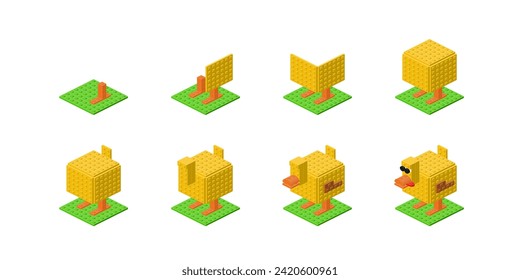 Step-by-step construction of a yellow duck from plastic blocks in isometry. Vector