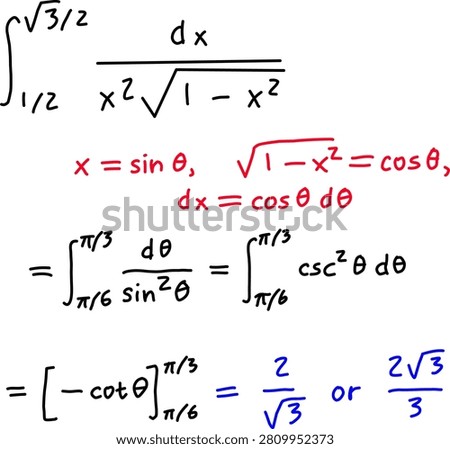 Step-by-step definite integral solution using trigonometric substitution, showing calculus transformations, identities, and final evaluated result.