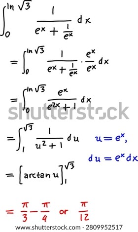 Step-by-step definite integral solution using exponential substitution and inverse tangent, illustrating calculus methods with clear math equations.