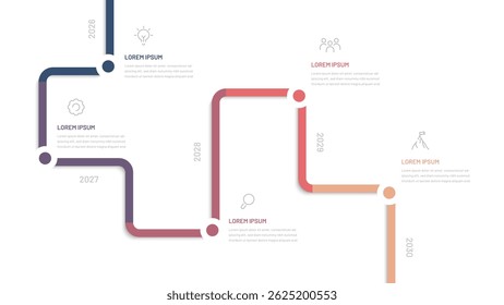 A step-by-step diagram from top to bottom for a presentation slide on marketing or a company's business strategy for several years or months. Diagram, timeline