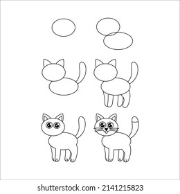 step-by-step drawing cat coloring on a white background. children's book illustration