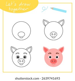 Step-by-step drawing with children. Training for primary school. Pig.