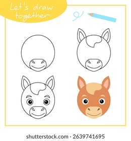 Step-by-step drawing with children. Training for primary school. Horse.