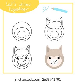 Step-by-step drawing with children. Training for primary school. Alpaca.