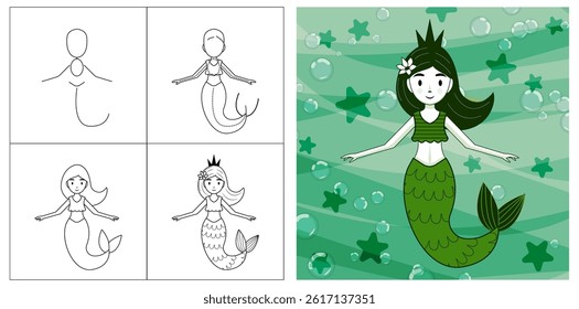 Step-by-step explanation with pictures. How to draw a mermaid. Cute children's drawing, coloring book with a magical underwater character. An illustration for a drawing tutorial.