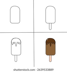 Step-by-Step Flat Vector Illustration of Chocolate Ice Cream Bar – Line to Color Tutorial Icon for Food Design Learning