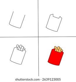 Step-by-Step French Fries Drawing in Minimalist Line Art Style – Fast Food Snack Illustration for Design, Education, and Marketing Use