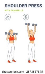 Step-by-step guide featuring a woman demonstrating the dumbbell overhead shoulder press in two stages. Learn proper technique to build upper body strength, improve fitness with this effective workout.