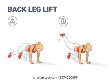 Step-by-step guide featuring a woman performing the back leg lift exercise in two stages. Learn proper technique for strengthening glutes and improving balance with this effective workout example.