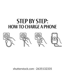 A stepbystep guide on how to charge a phone, depicted through simple and clear line art. The image focuses on the charging process from plug to phone.