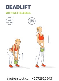 Step-by-step guide showcasing a woman performing a kettlebell deadlift in two stages. This visual demonstrates proper form and technique for muscle building, strength training, and boosting metabolism