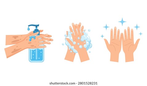 Stepbystep hand hygiene process illustration showing washing and sanitizing hands