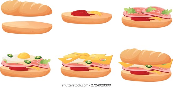 Schritt-für-Schritt-Illustration der Herstellung eines Sandwiches. Ein köstliches großes Sandwich mit Schinken, Speck und frischem Gemüse. Speisezubereitung, schnelles Essen, Snack, Tutorial.
