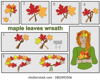 Step-by-step instruction how to twist Maple leaves into a wreath.