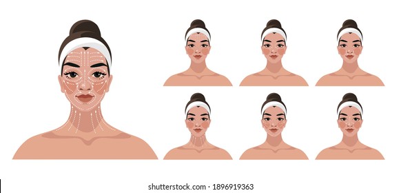 Step-by-step instructions for face and neck massage, face rejuvenation, lifting, anti-aging cosmetic care for women. Scheme of massage lines. Cartoon vector illustration isolated on white background