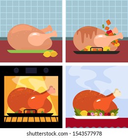 Step-by-step instructions for making Thanksgiving holiday turkey. Fresh, pickled, turkey in the oven and turkey with a golden crust. concept Xmas. vector illustration