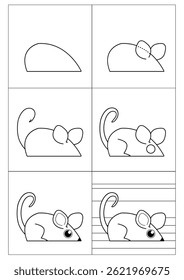 step-by-step instructions on how to draw a mouse. a small animal on a wooden floor. coloring book, tutorial, instructions for learning how to draw.