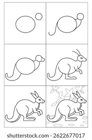 step-by-step instructions on how to draw a cartoon kangaroo. Cute image of an African animal on a forest background. online art, coloring, sketch, lesson, tutorial for children, drawing for beginners.