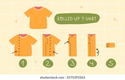 Step-by-step instructions on how to roll up a T-shirt