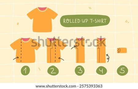 Step-by-step instructions on how to roll up a T-shirt