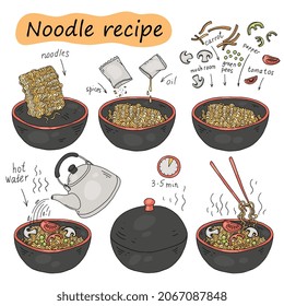 Step-by-step instructions for the recipe of instant noodles. Vector cartoon hand drawn illustration of how to cook noodles. Visual aid.