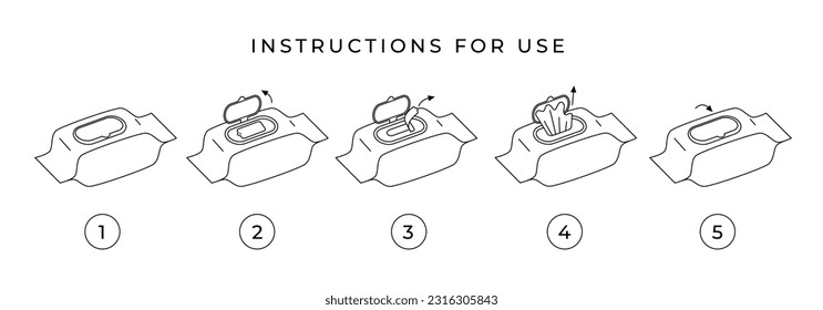 Step-by-step instructions for using wet wipes. Instructions for opening wet wipes with a plastic valve. Hygienic tissue napkin for make-up removal. Baby wipes. Line vector icon set. - Shutterstock ID 2316305843
