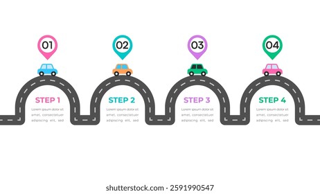 Step-by-Step Milestone Roadmap with Cars on Curved Roads Vector Illustration