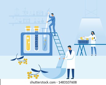 Step-by-step Process Natural Medication Preparation. Man and Woman Researchers and Scientists Working with Huge Equipment in Laboratory. Herbals, Organic Extracts Recovery. Vector Cartoon Illustration