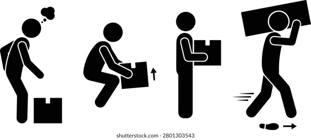A step-by-step stick figure sequence demonstrating proper ergonomic techniques for lifting and carrying heavy boxes safely. This flat vector illustration is ideal for workplace safety training materials, occupational health posters, and industrial guidance.
