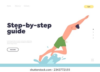 Step-by-step swimming guide landing page design template for online school of diving snorkeling