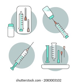 Step-by-step use of the disposable injection syringe from packaging to disinfection after the procedure. Collection of colored icons for nursing training.