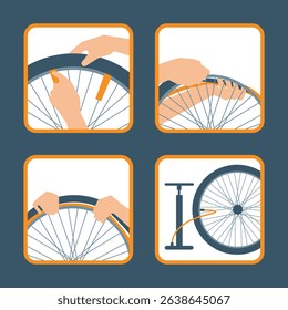 Step-by-step vector illustration showing how to change a bicycle inner tube. Includes removing the tire, replacing the tube, and inflating the tire with a pump.