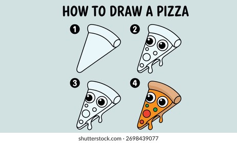 Um guia visual passo-a-passo que demonstra como desenhar uma deliciosa fatia de pizza, perfeita para tutoriais de arte, blogs de culinária ou projetos criativos. Fácil de seguir.