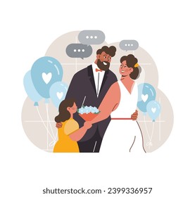 Amor infantil. Una pareja amorosa abraza cálidamente a su hijastra en una celebración, mostrando el vínculo especial entre los padrastros y sus hijos. Ilustración vectorial plana.