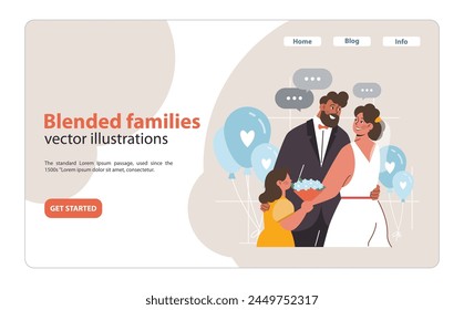 Amor de hijastro. Una pareja cariñosa abraza cálidamente a su hijastra en una celebración, mostrando el vínculo especial entre sus padrastros y sus hijos. Ilustración vectorial plana.