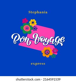 Stephania express Bon Voyage vector lettering illustration. Pink panama hat with flowers. For Support to Ukraine, Save Ukraine, Stand with Ukraine, Pray for Ukraine, Stop War