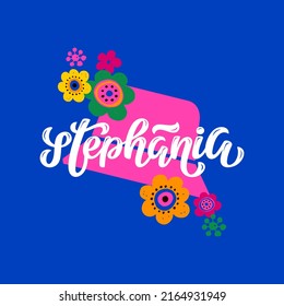 Stephania vector lettering illustration with pink panama hat and flowers. For Support to Ukraine, Save Ukraine, Stand with Ukraine, Pray for Ukraine, Stop War